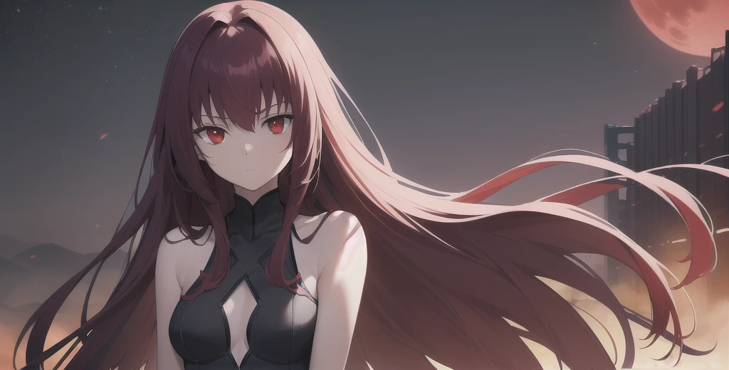 Scathach, Scathach, Long Hair, Purple Hair, (Red eyes:1.5),
(Fits your body,Black rider suit,Sleeveless)
break outdoors, Red Moon,night,
break looking at viewer, 
break (masterpiece:1.2), Best Quality, High resolution, Unity 8K Wallpaper, (figure:0.8), (Beautiful detailed eyes:1.6), Highly detailed face, Perfect lighting, (Perfect hands, Perfect Anatomy),