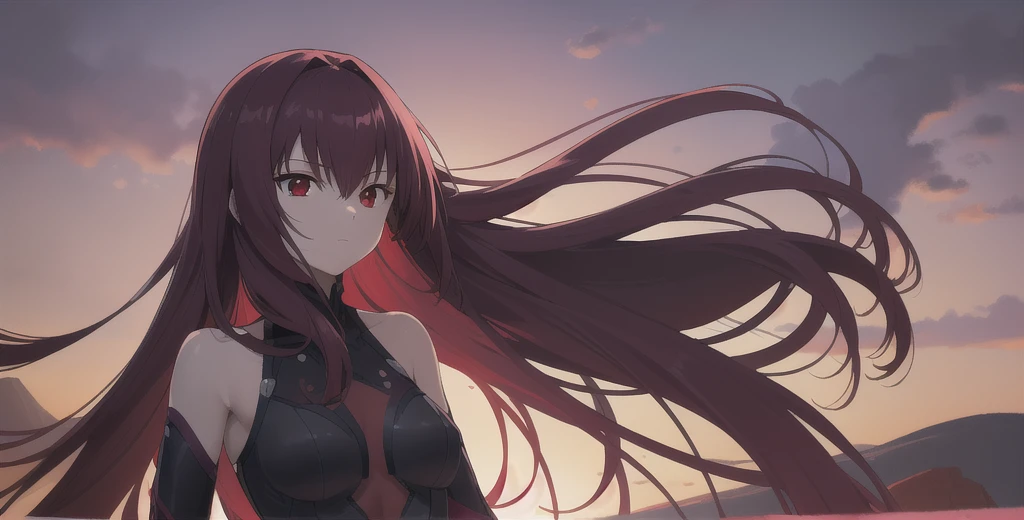 Scathach, Scathach, Long Hair, Purple Hair, (Red eyes:1.5),
(Fits your body,Black rider suit,Sleeveless)
break outdoors, Red Moon,night,
break looking at viewer, 
break (masterpiece:1.2), Best Quality, High resolution, Unity 8K Wallpaper, (figure:0.8), (Beautiful detailed eyes:1.6), Highly detailed face, Perfect lighting, (Perfect hands, Perfect Anatomy),