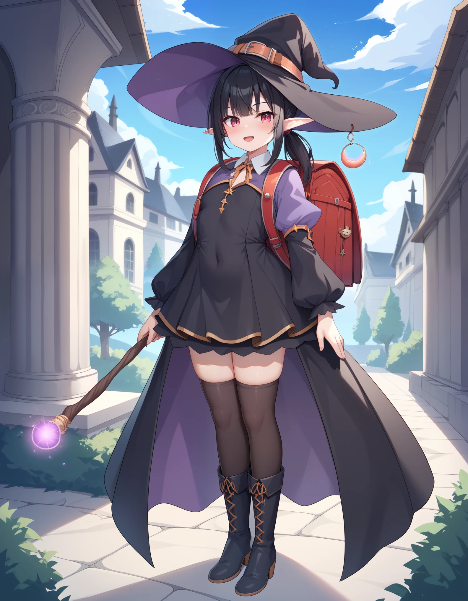 Masterpiece, hd, anime, 2d,  black hair, elf girl, pointed ears, wearing witch hat,  1girl wearing a witch Costume, (witch:1.2), neck ribbon, witch robes, holding magic wand, outdoor, ponytail, standing, outdoor, wearing randoseru backpack, red backpack, holding witch wands, fullbody, wearing thighhighs, wearing witch boots