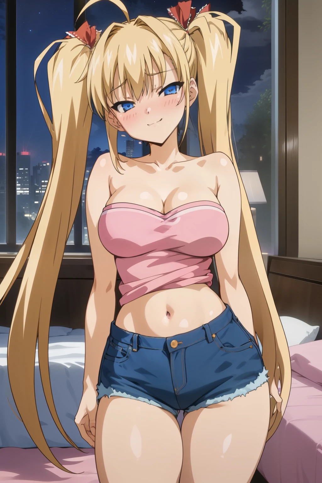 (Masterpiece), Best Quality, ultra-detailed, 1girl (akizukiairi, big and pretty breasts, wide hips, naked body, ahoge,very long hair,blonde hair, high twintails, hair ribbon, red ribbon,bangs,blue eyes, half-closed eyes), evil face, smirk, nose blush, blush, facing viewer, looking at viewer, head tilt, solo, pink t-shirts, cleavage, bare  shoulders, navel, denim  short  shorts, in the bedroom, dark room, night time, standing, sexy waist teasing. 