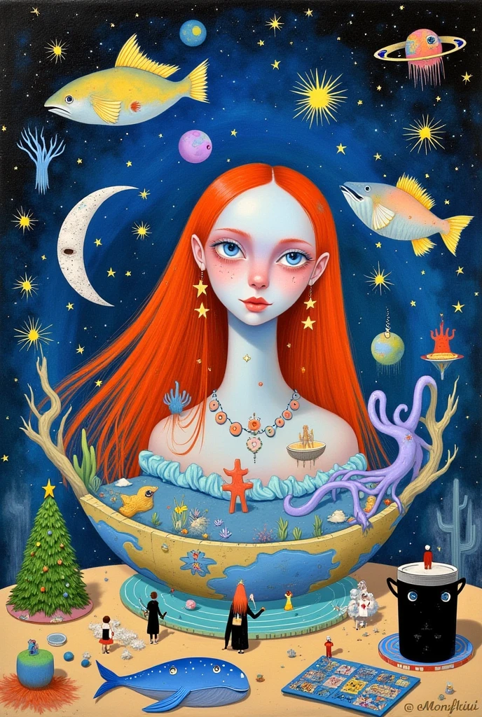 1girl,acrylic paint \(medium\),artist name,bird,cat,christmas tree,circle,cloud,constellation,coral,crescent,crescent moon,earth \(planet\),fins,fish,long hair,moon,octopus,painting \(medium\),photo \(medium\),planet,saint quartz \(fate\),seashell,shell,shooting star,signature,solo,space,star-shaped pupils,star \(sky\),star \(symbol\),star earrings,star hair ornament,star necklace,star pasties,star print,stash,starry background,starry sky,starry sky print,surreal,tarot,traditional media,ufo,wand,watercolor \(medium\),whale,yellow eyes