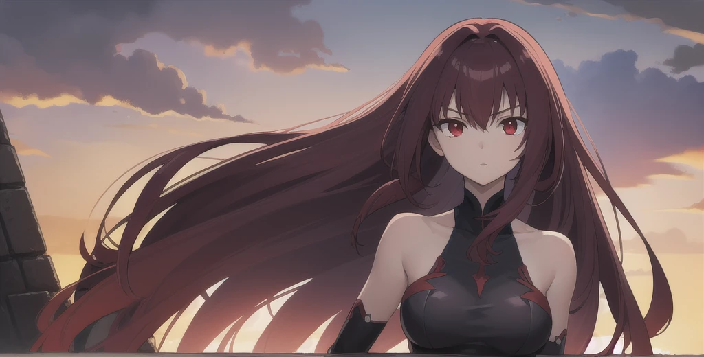 Scathach, Scathach, Long Hair, Purple Hair, (Red eyes:1.5),
(Fits your body,Black rider suit,Sleeveless)
break outdoors, Red Moon,night,
break looking at viewer, 
break (masterpiece:1.2), Best Quality, High resolution, Unity 8K Wallpaper, (figure:0.8), (Beautiful detailed eyes:1.6), Highly detailed face, Perfect lighting, (Perfect hands, Perfect Anatomy),Mature Woman,Large Breasts, 