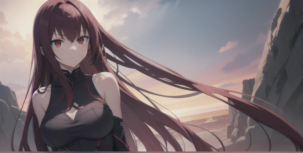 Scathach, Scathach, Long Hair, Purple Hair, (Red eyes:1.5),
(Fits your body,Black rider suit,Sleeveless)
break outdoors, Red Moon,night,
break looking at viewer, 
break (masterpiece:1.2), Best Quality, High resolution, Unity 8K Wallpaper, (figure:0.8), (Beautiful detailed eyes:1.6), Highly detailed face, Perfect lighting, (Perfect hands, Perfect Anatomy),Mature Woman,Large Breasts, 