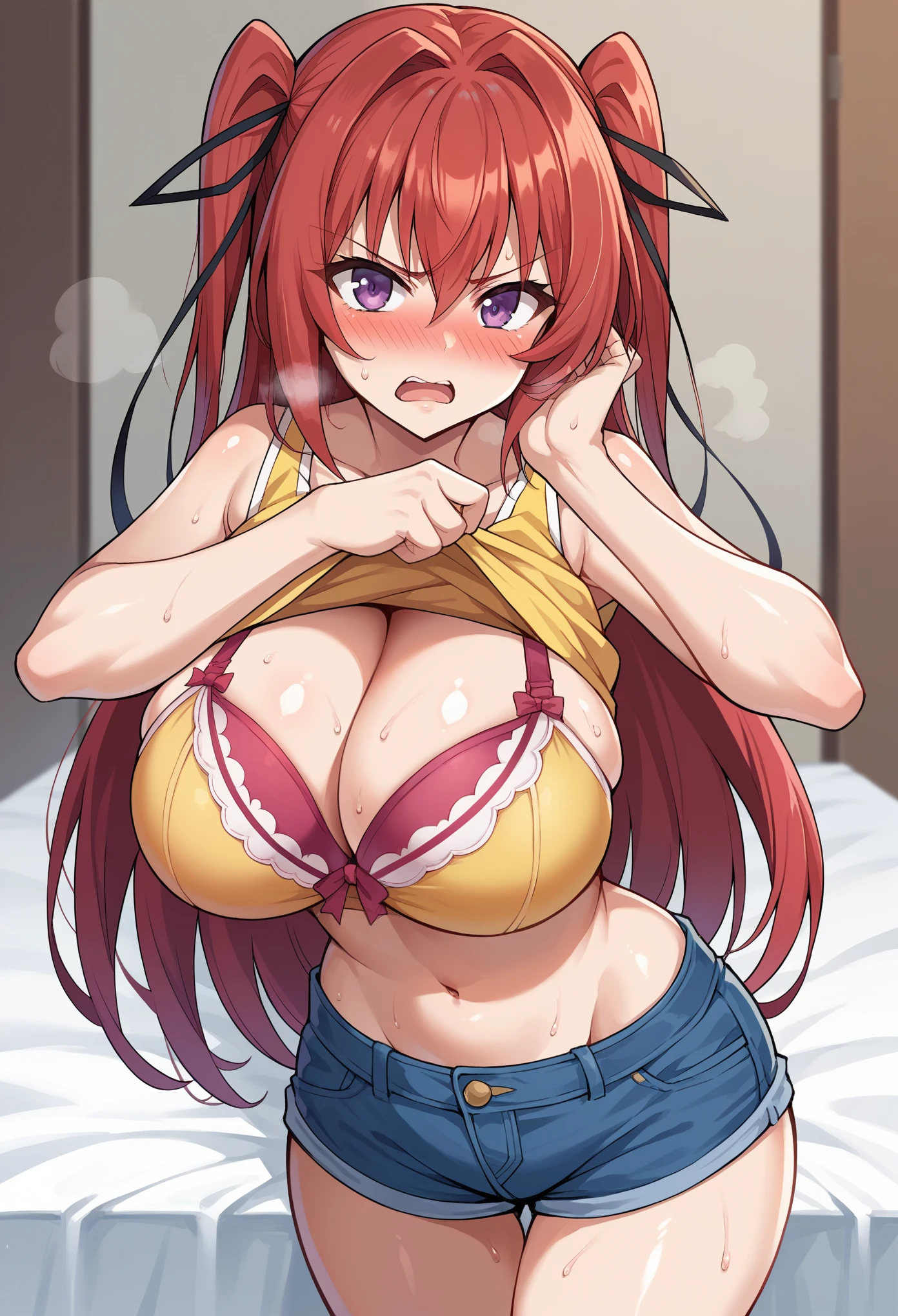 score_9, score_8_up, score_7_up, score_6_up, score_5_up, score_4_up, source_anime, BREAK
Mio naruse, 1girl, Alone,bedroom,long hair, red hair, two side up, purple eyes, large breasts, hair ribbon, (yellow shirt:1.1), Tank top, denim shorts, navel, cleavage, midriff, short shorts, denim shorts,red hair, (large breasts:1.4),huge breast,busty,(curvin waist),slender,((perfect body)),sexy proportion, Round breasts ,(Skinny Body)Curvy,Hourglass Shape,
breath,sweat,nose blush,skirt,ribbon,random sexy posing,((shirt lift)),(color bra),cleavage,(A patient expression),Tsundere