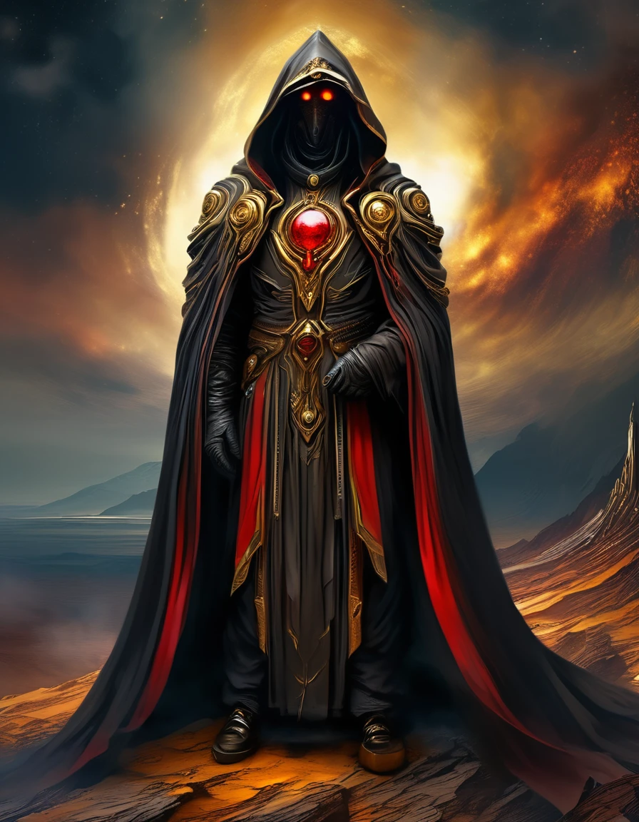 Cliff, wasteland, biopunk character, robe, no face, but only a head shape, 3/4 close, ethereal, black and golden and red artwork