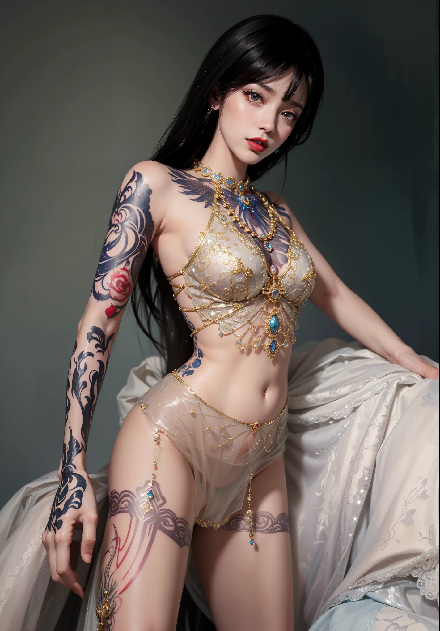 A fantastically (((abstractly tattooed girl laying in model pose))) with a ((( strange creature entombed within a shimmering shell))) around her, its intricate details and swirling patterns reflecting off her skin in the ((( Art Deco style))) setting of a (skyrim-inspired dress with interwoven dragon motifs and flames)