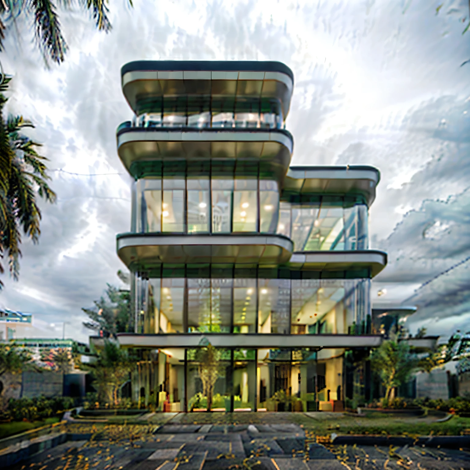 modern villa on street, (overcast lighting:1.2), tropical tree, vivid color, curve wall, streetcapes, nice sky, grey and wwhite tone, (large glass door:1.2), warm interior lighting, modern material, best quality, ultra realistic, masterpiece, 17ArchiAI_XL_VL-v1