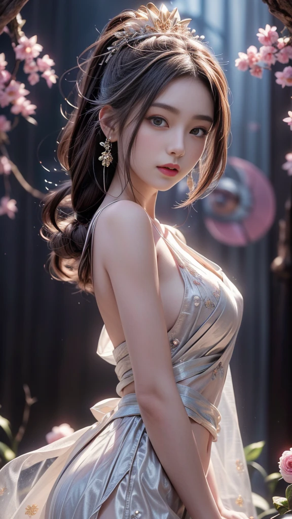 Unbeatable masterpiece, Ultra photo realsisim, Perfect artwork, Intricate details, Best quality, Strong light,High contrast, (Bare shoulders:0.85),((glowing ambiance, enchanting glow, luminouslighting, Ethereal atmosphere, A mesmerizing glow, evocative hues, captivating coloration, Dramatic lighting, Enchanting aura)),1girll,Masterpiece,Best quality,1girll,(in clouds of smoke:1.1),(Dynamic smoke is everywhere:1.4),(Upper body:1.2),(1 Chinese pattern in the middle of the girl's forehead),A girl with a weak temperament,,(epic cinematic),Soft natural light,rim-light,absurdes,Amazing,Funny,complex,ultra - detailed,Pink flowers,pastelcolor,,White flowers pink flowers,