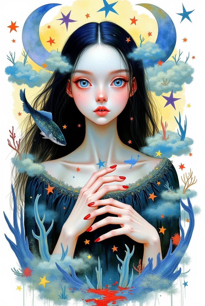 1girl,artist name,blood,blue eyes,cloud,crescent moon,fish,leaf,long hair,long sleeves,makeup,nail polish,no nose,red nails,shirt,solo,star \(symbol\),watercolor \(medium\),waves