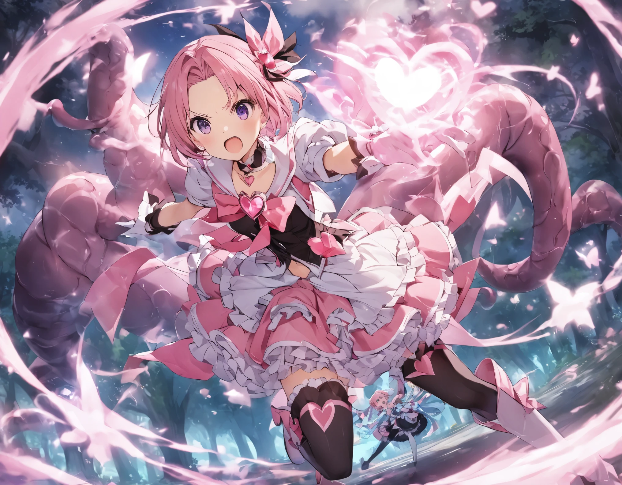 A magical girl fighting a tentacle monster in the park:1.3 Dark Sky Magic Attack Effect Rin々A cute expression, pink hair, short hair, forehead, black ribbon magical girl costume, frilly skirt, panniers, frills, petticoat, choker, gloves up to the elbows, boots, heart magic pendant, ribbon hair accessory, magic rod