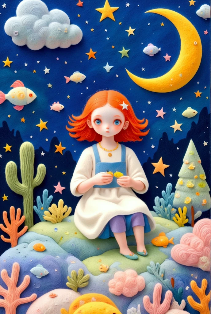 1girl,artist name,bird,christmas ornaments,christmas tree,cloud,constellation,coral,crescent,crescent moon,cross,fish,moon,octopus,painting \(medium\),planet,saint quartz \(fate\),seashell,shell,smile,solo,star-shaped pupils,star \(sky\),star \(symbol\),star earrings,star hair ornament,star necklace,star pasties,star print,stash,starry background,traditional media,wand,watercolor \(medium\)