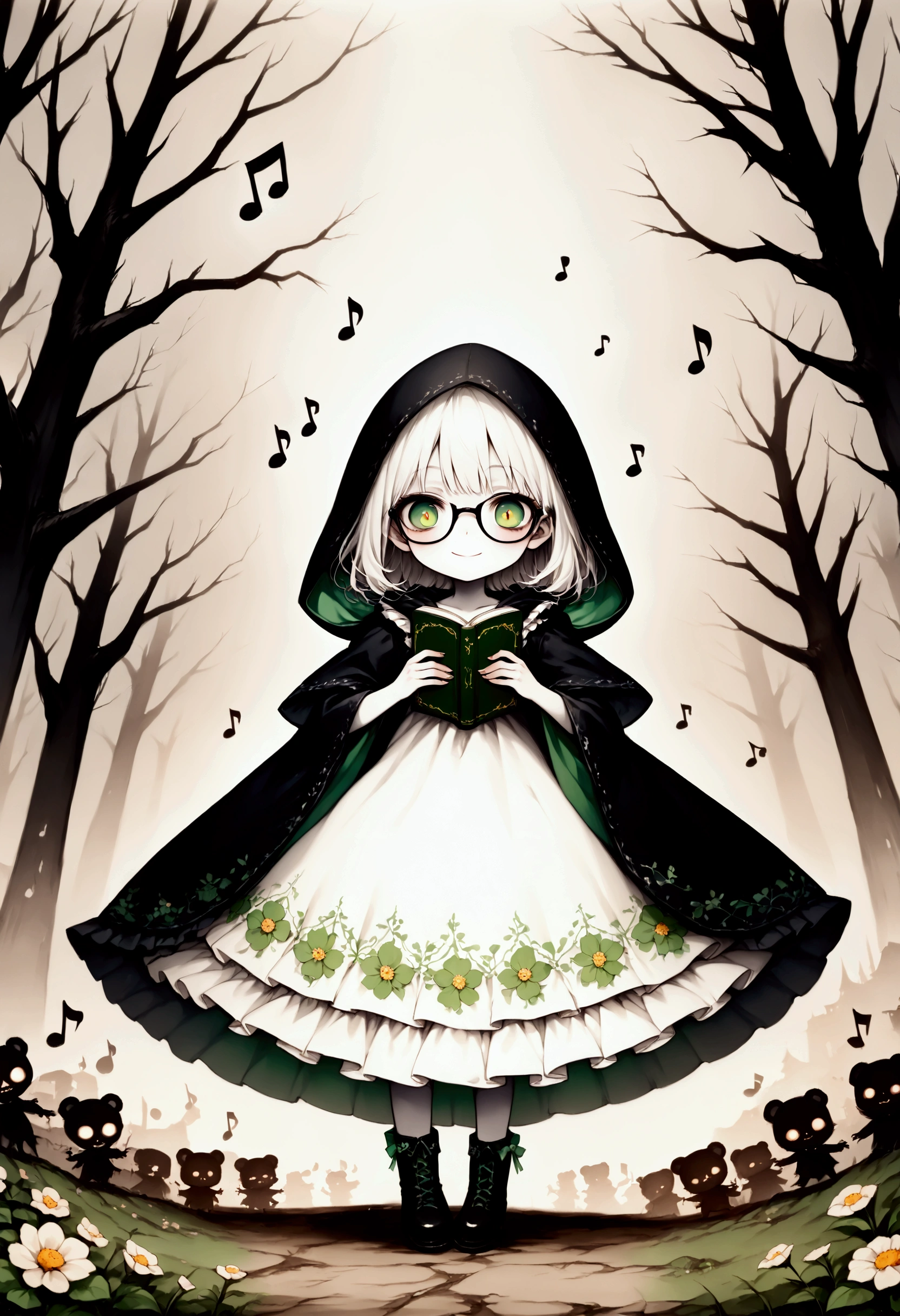 hzk,Sepia brown filter, 1girl\(cute,little kid, white skin, pale skin,((wearing ((simple)) black hood\([no ear]\))) , black robe\(hood,beautiful gorgeous white embroidery with many detailed flower pattern\), ((white frilly dress)), (((wearing black glasses))), (((green Jade eyes))), black long boots, white hair, bangs, shoulder length bob hair,(evil smile),(reading a book),(dancing),(((music notes))) \) ,((1teddy bear\(brown, small, fluffy, cute black bow around neck, cute pose, familiar sprit\)), background\((dead trees:1.3),(ruined town in distance:1.4), cute horror fantasy, disney-style horror, effects,oil painting style, traditional media, realistic,(horror mood:1.3),dynamic angle,close up face, wear glasses