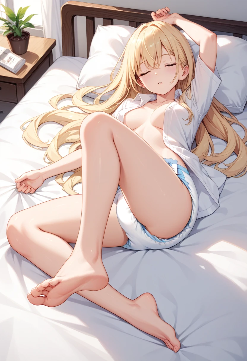 Beautiful long blonde　Open white shirt　bottomless　diaper　Sleeping in bed　barefoot　Open your legs