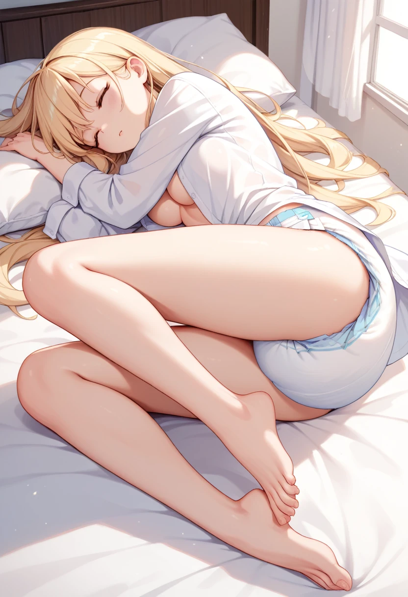 Beautiful long blonde　Open white shirt　bottomless　diaper　Sleeping in bed　barefoot　Open your legs