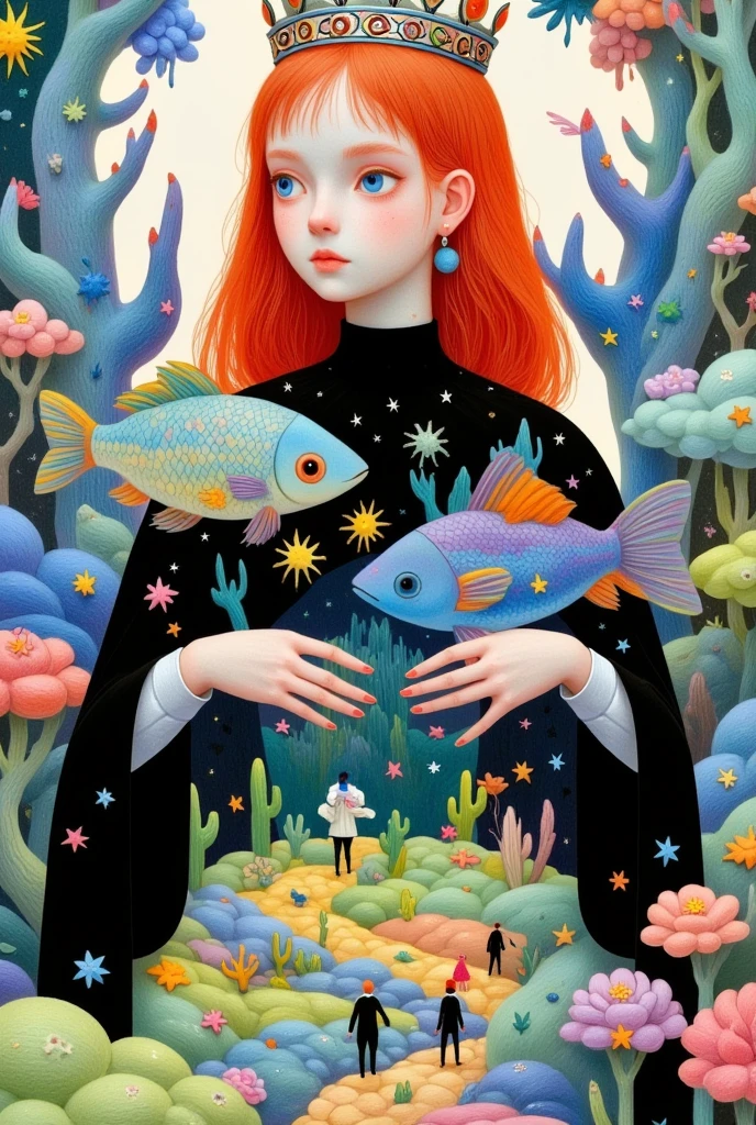 A painting of a woman wearing a crown and a fish, Digital Art by Martine Johanna, tumblr, Pop Surrealism, Pop Surrealism art style, A beautiful art illustration, japanese Pop Surrealism, Beeple 和 Jeremiah Ketner, Anna Dittmann (Anna Dittmann) style, Beautiful digital illustrations, Benjamin Lacombe, Exquisite digital illustrations, Pop-Surrealism, Fantasy illustrations