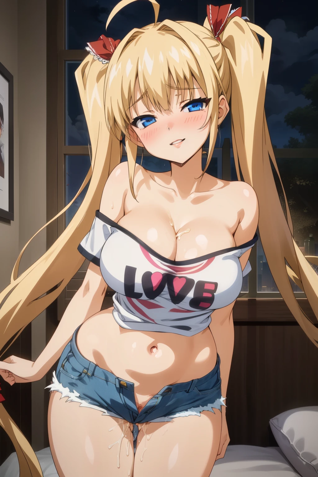 (Masterpiece), Best Quality, ultra-detailed, 1girl (akizukiairi, sex slave, the surrogate womb, big and pretty breasts, wide hips, naked body, ahoge,very long hair,blonde hair, high twintails, hair ribbon, red ribbon,bangs,blue eyes, half-closed eyes), evil face, wicked smile, parted lips, nose blush, blush, facing viewer, looking at viewer, head tilt, solo,  t-shirts, cleavage, bare shoulders, navel, denim short shorts, in the bedroom, dark room, night time, standing, sexy waist teasing, come-on, love juice flows out of her pussy.