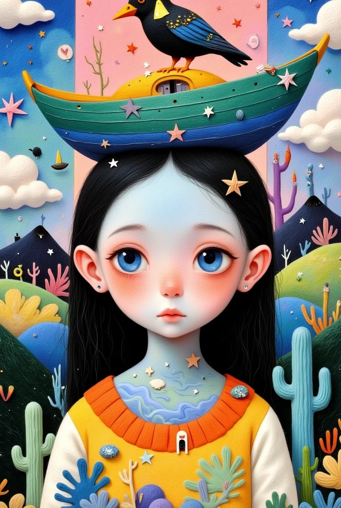 A girl&#39;s painting，There is a boat and a bird on her head, Beeple 和 Jeremiah Ketner, Jane Newland, Pop Surrealism, Pop Surrealism art style, Pop-Surrealism, lowbrow Pop Surrealism, Pop Surrealism lowbrow art style, Tara MacPherson, Alien Girl, Just a joke, Paintings by Andrew Jones, japanese Pop Surrealism, Color illustrations