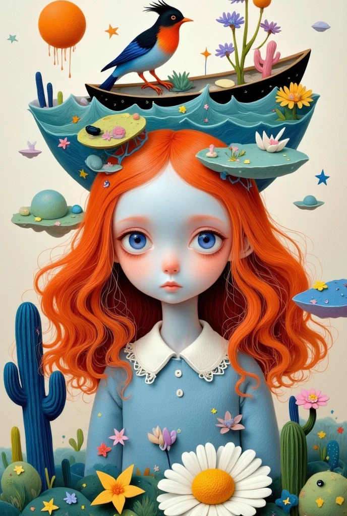 A girl&#39;s painting，There is a boat and a bird on her head, Surreal paintings by Martine Johanna, Popular in cg community, Pop Surrealism, Beeple 和 Jeremiah Ketner, Jane Newland, Pop-Surrealism, Pop Surrealism art style, lowbrow Pop Surrealism, Pop Surrealism lowbrow art style, Tara MacPherson, Alien Girl, Just a joke