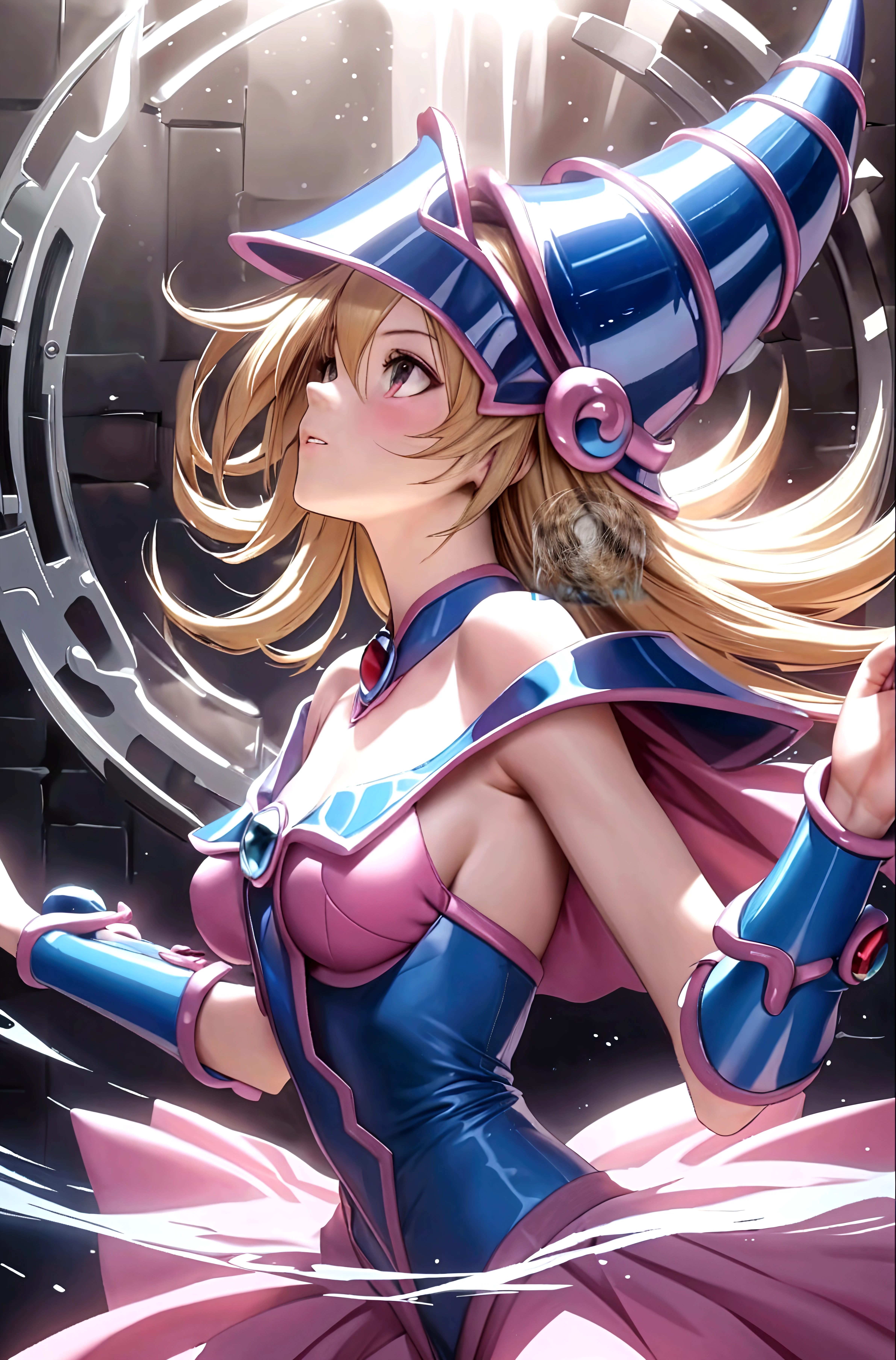 Black Magician Girl、super breasts、thick thighs、blonde hair、magic circle、8K, 4k, highest quality, High resolution: 1.2)、Nipples exposed、cute anime face、Pink blush on cheeks、noise removal、Leotard that bites into、Turning around、full body portrait、T-back that digs into your butt、Glowing green eyes、Laughter、遊戯王