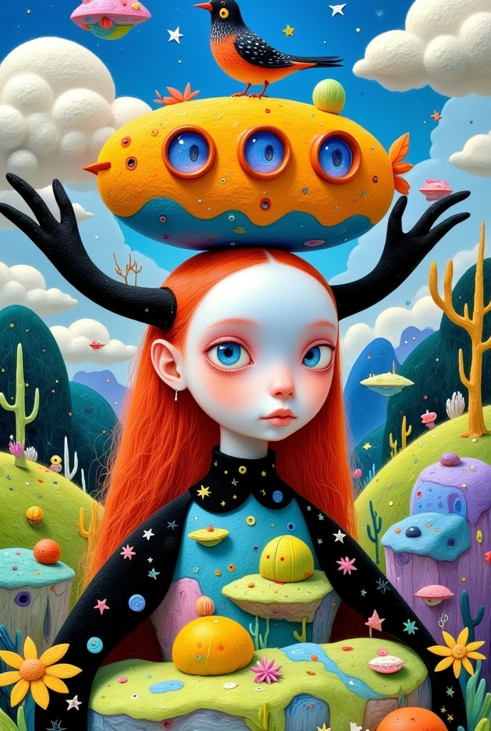 A creative illustration：Colorful black，Lively and interesting，lively，There is a boat and a bird on her head, Beeple 和 Jeremiah Ketner, Jane Newland, Pop Surrealism, Pop Surrealism art style, Pop-Surrealism, lowbrow Pop Surrealism, Pop Surrealism lowbrow art style, Tara MacPherson, Alien Girl, Just a joke, Paintings by Andrew Jones, japanese Pop Surrealism, Color illustrations