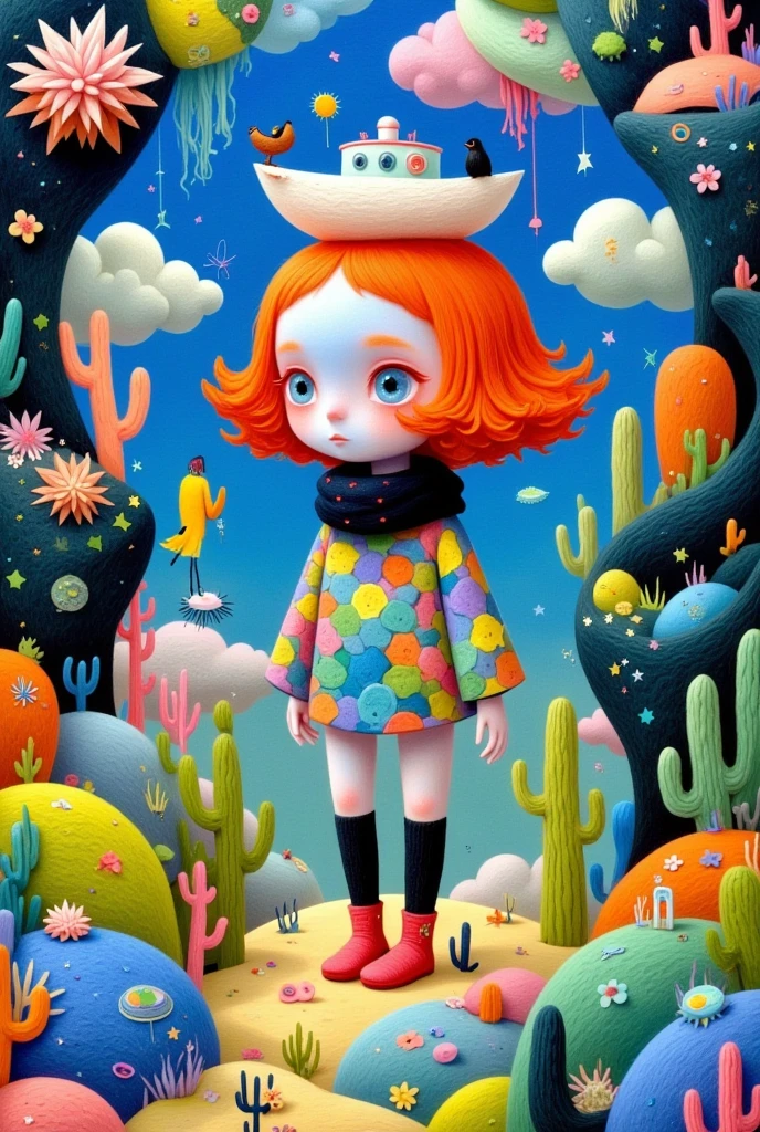 A creative picture book illustration：Colorful black，Lively and interesting，lively，There is a boat and a bird on her head, Beeple 和 Jeremiah Ketner, Jane Newland, Pop Surrealism, Pop Surrealism art style, Pop-Surrealism, lowbrow Pop Surrealism, Pop Surrealism lowbrow art style, Tara MacPherson, Alien Girl, Just a joke, Paintings by Andrew Jones, japanese Pop Surrealism, Color illustrations