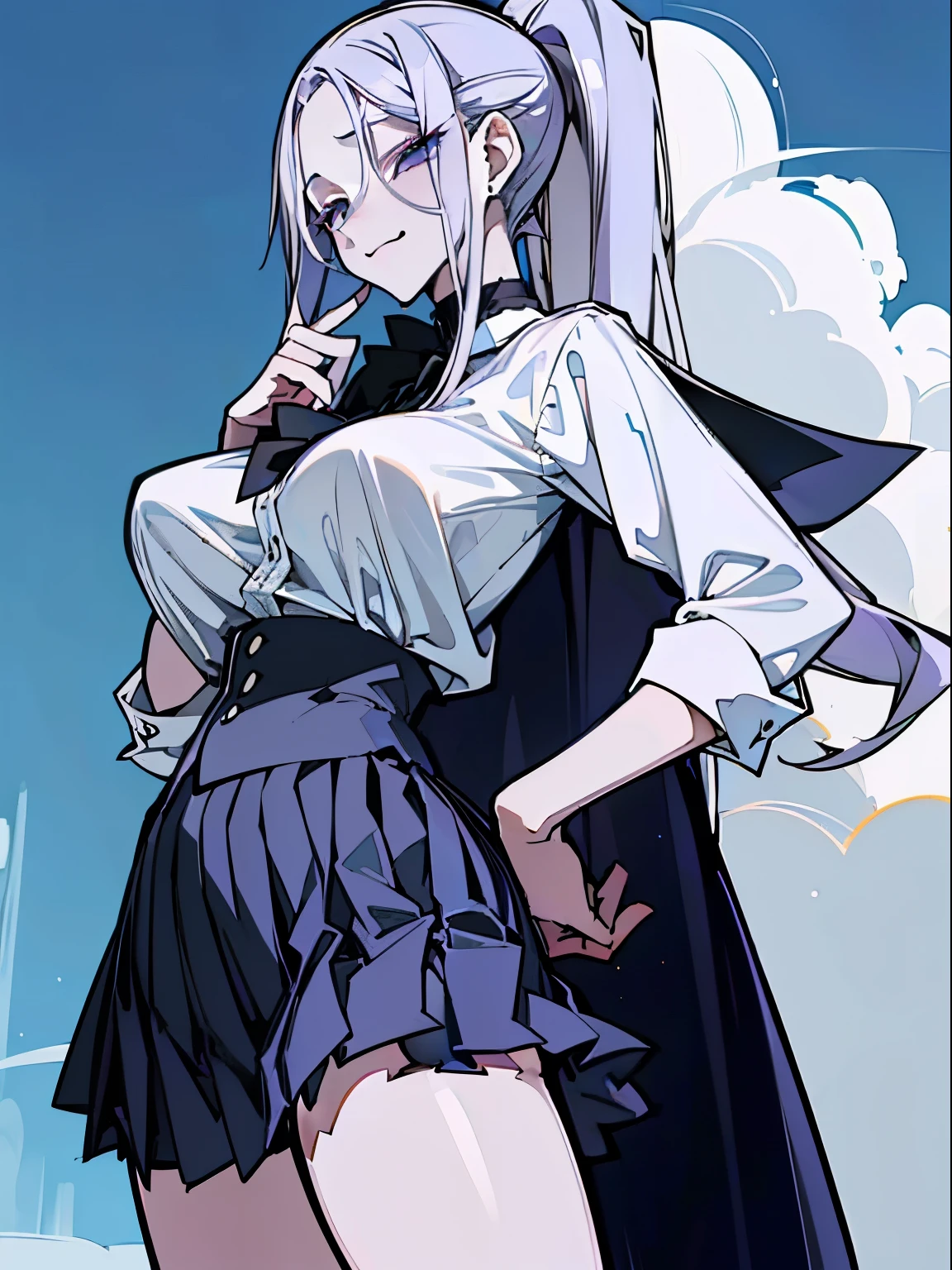 (Best Quality、masterpiece:1.2,Mature Woman),(Large Breasts: 1.4、Voluptuous body) ponytail、 ((white shirt、Black Tuxedo、Pleated skirt、Student Uniform)), ((Blue Sky、White Clouds、School)), One hand is on his hip, Long white hair、Purple eyes, ((Malicious look、Vulgar smile))