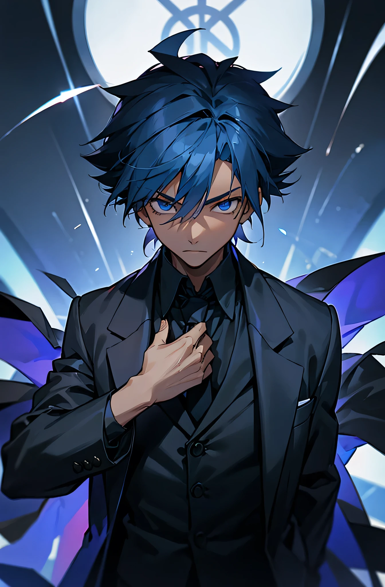 , male, black skin color, blue eyes, dark blue hair, Black jacket coat, suit and tie, Gun.