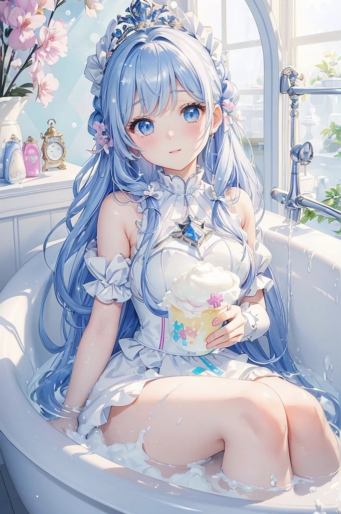 (masterpiece、Best Quality、super high quality、Beautiful and beautiful:1.2)、Super cute girl 3DXR robot、Hair that is as foamy as whipped cream soap、Sleeveless Armor、Pop pastel colors、cure、Warm atmosphere、Sparkling foam like whipped cream soap、Soak in the bathtub、Surrounded by soap bubbles、Side light、8k、wallpaper