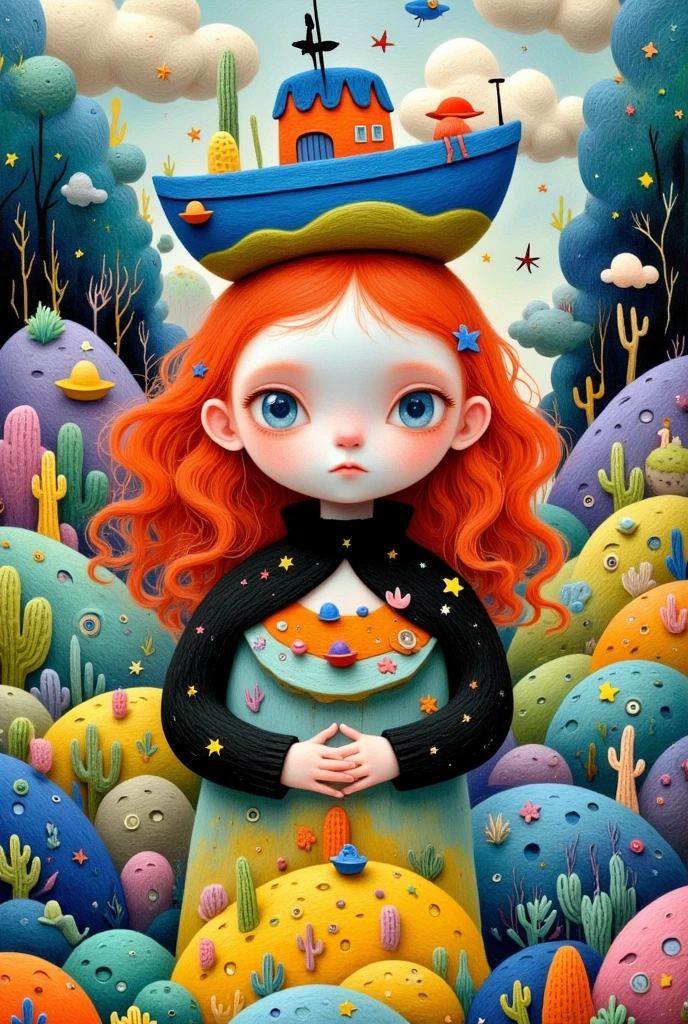 A creative and childish illustration：Colorful black，Lively and interesting，lively，There is a boat and a bird on her head, Beeple 和 Jeremiah Ketner, Jane Newland, Pop Surrealism, Pop Surrealism art style, Pop-Surrealism, lowbrow Pop Surrealism, Pop Surrealism lowbrow art style, Tara MacPherson, Alien Girl, Just a joke, Paintings by Andrew Jones, japanese Pop Surrealism, Color illustrations