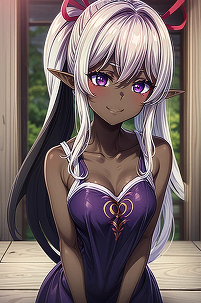  close up:1.2, Women:1.2, back position, , squinting eyes, Satisfied smile, small bust 1:1, whist long hair, the best definition, Anime style image, high definition, good quality, anime character, dark elf, teenage elf 18 yeats old,  body, slanted eyes, Sensual look, big bright purple eyes, elven clothes, dark skin, dark skin,. She is in a forest. She is a dark elf,black Kimono 