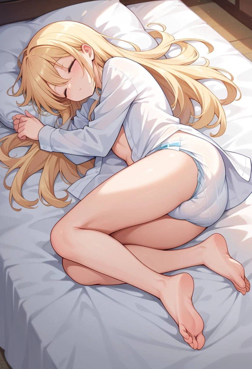 Beautiful long blonde　Open white shirt　bottomless　diaper　Sleeping in bed　barefoot　Open your legs