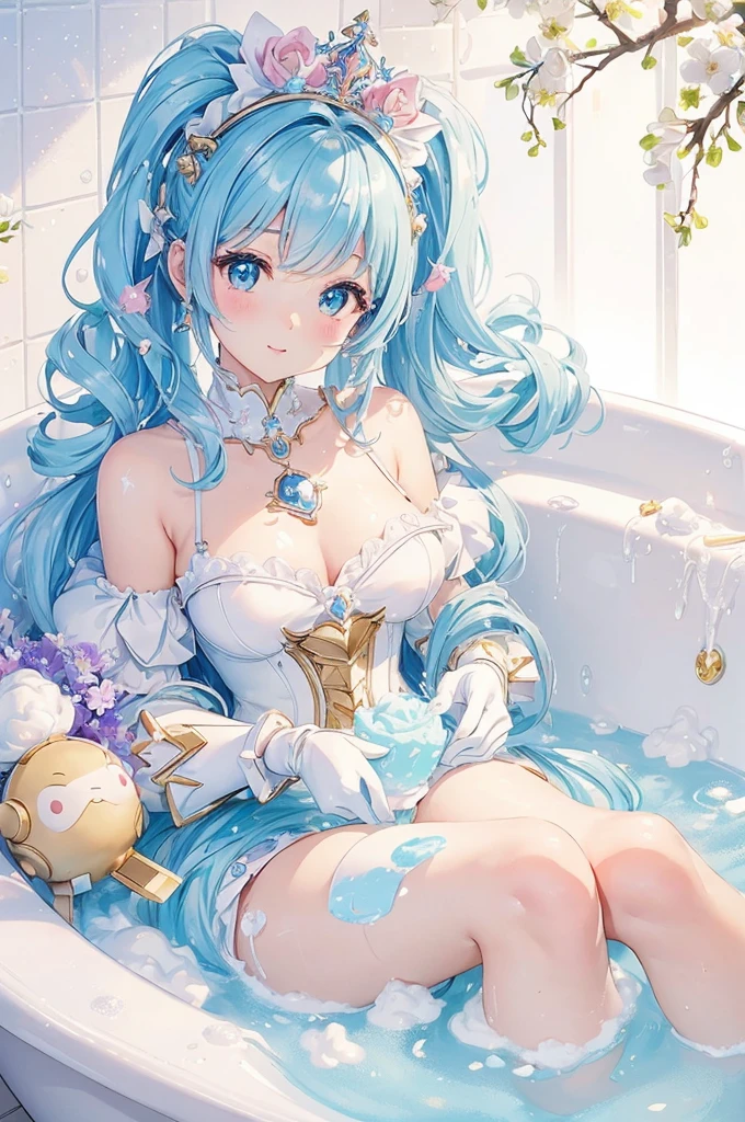 (masterpiece、Best Quality、super high quality、Beautiful and beautiful:1.2)、Super cute girl 3DMM robot、Hair that is as foamy as whipped cream soap、Sleeveless Armor、Pop pastel colors、cure、Warm atmosphere、Sparkling foam like whipped cream soap、Soak in the bathtub、Surrounded by soap bubbles、Side light、8k、wallpaper