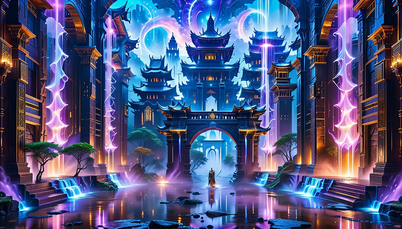 A Masterpiece In 32K Resolution, Supreme Quality, Super Detail, Official Art, Very High-Resolution 32K Wallpaper. A Majestic Tiger With Ultra-Detailed Features Prowls Gracefully In The Foreground. Magical And Arcane, Ultra-Detailed Features. Grand Floating Towers Of Arcane Architecture Hover Above An Ancient City. Magic Symbols And Runes Glow Softly In The Air As Wizards And Scholars Walk Through Floating Bridges. Mystic Waterfalls Of Liquid Mana Flow Through The Streets, And At The Highest Tower, An Ancient Arcane Portal Glows With Otherworldly Light.