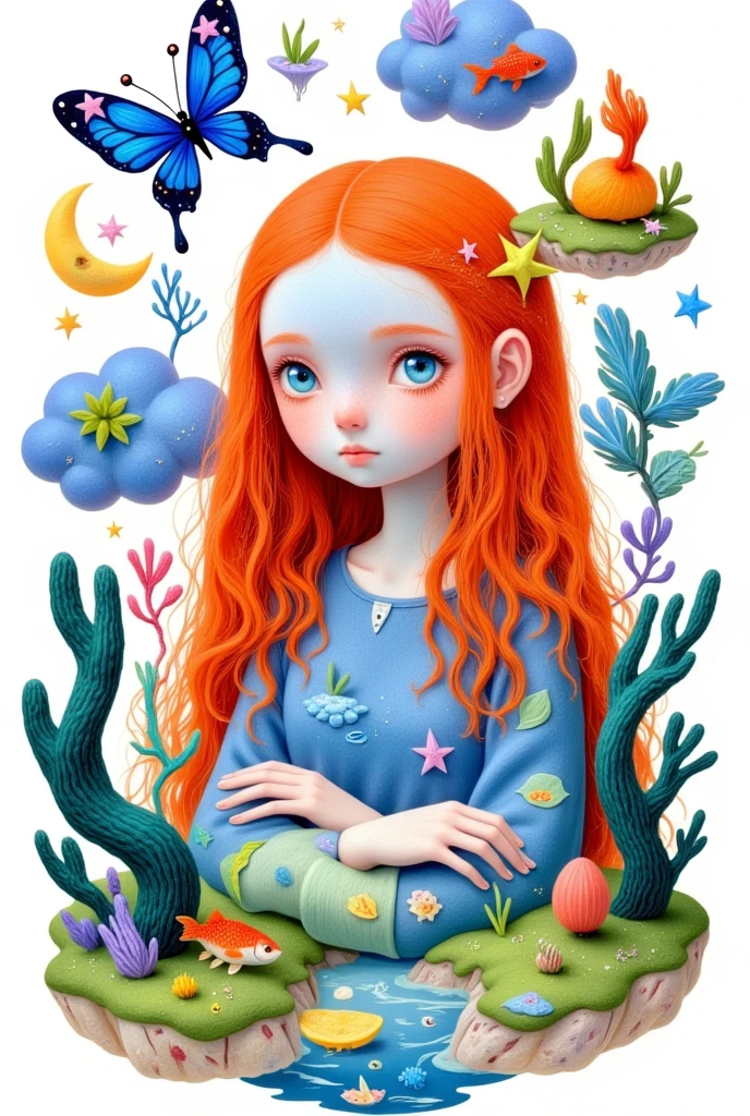 1girl,animal,aqua eyes,artist name,bird,blue butterfly,blue eyes,bug,butterfly,circle,crescent moon,earth \(planet\),fish,goldfish,leaf,long hair,looking at viewer,makeup,moon,orange hair,planet,simple background,solo,star \(symbol\),upper body,white background