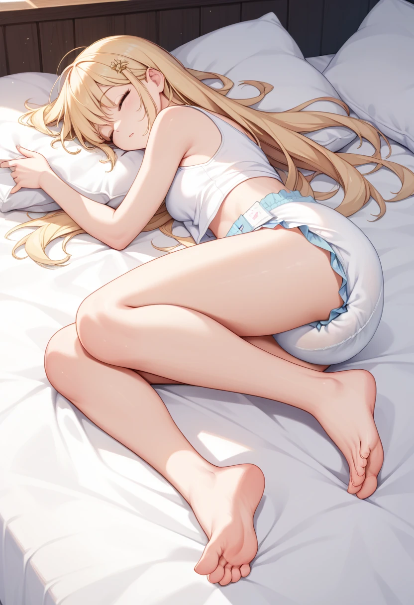 Beautiful long blonde　White tank top　bottomless　diaper　Sleeping in bed　barefoot　Open your legs