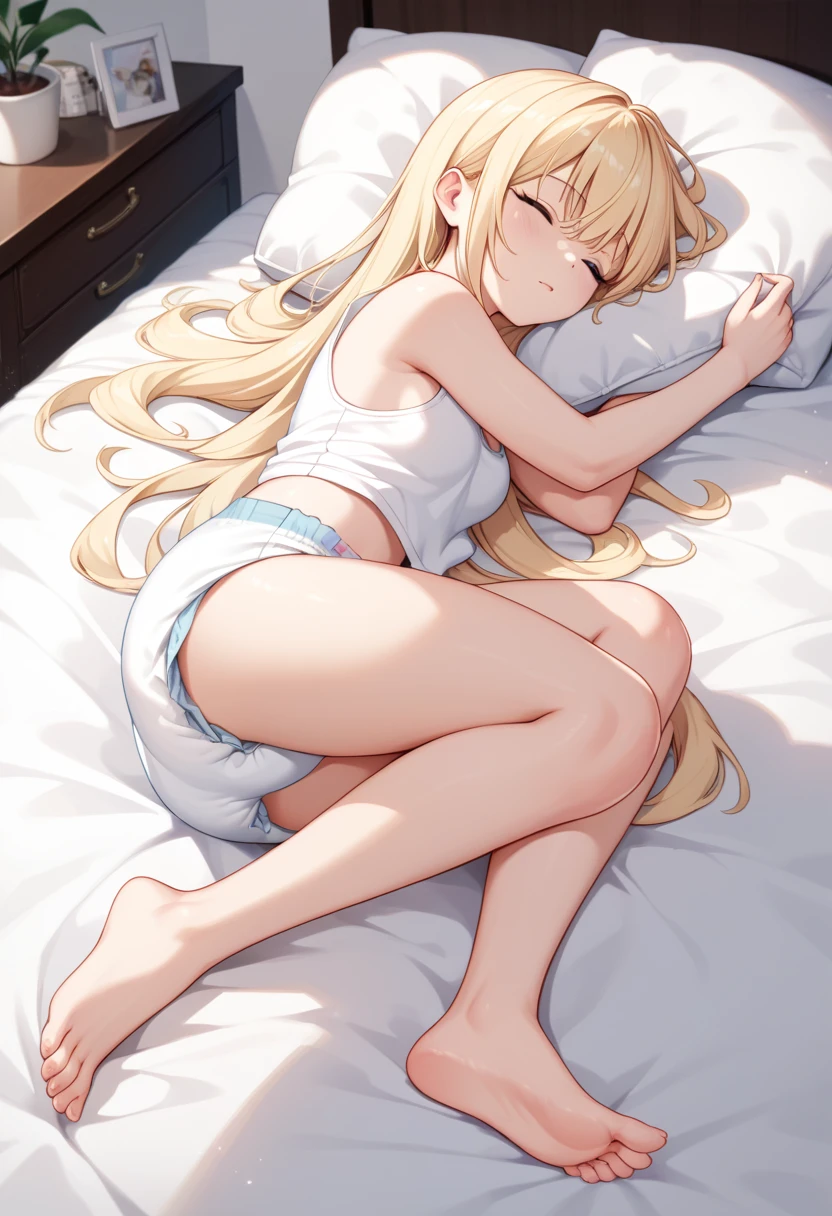 Beautiful long blonde　White tank top　bottomless　diaper　Sleeping in bed　barefoot　Open your legs