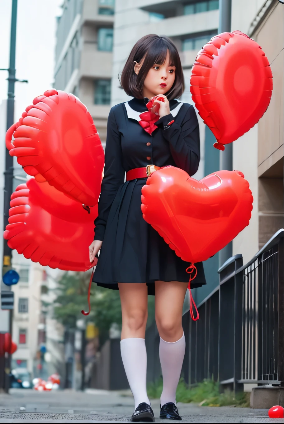 a girl holding a lot of balloons, real photo, full body, (((blowing balloon))), twin tails,