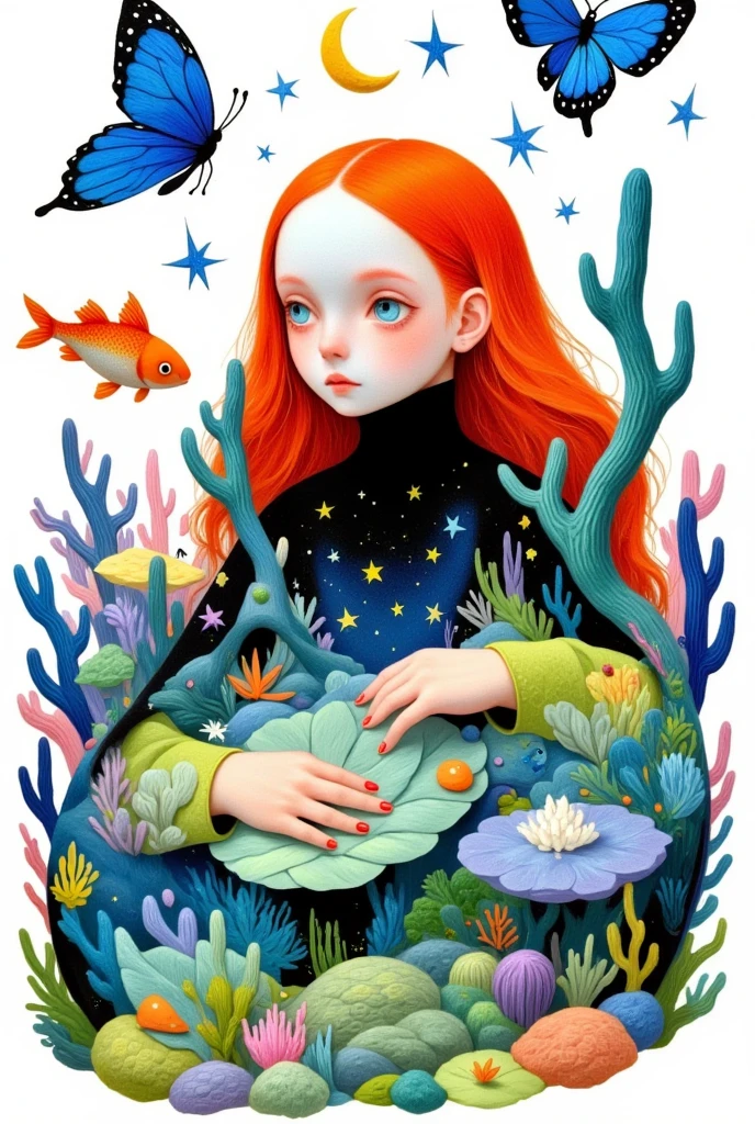 1girl,animal,aqua eyes,artist name,bird,blue butterfly,blue eyes,bug,butterfly,circle,crescent moon,earth \(planet\),fish,goldfish,leaf,long hair,looking at viewer,makeup,moon,orange hair,planet,simple background,solo,star \(symbol\),upper body,white background