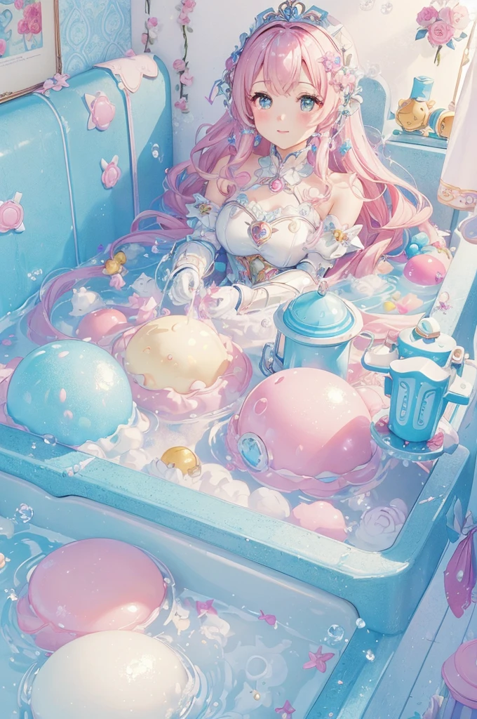 (masterpiece、Best Quality、super high quality、Beautiful and beautiful:1.2)、Super cute girl 3DMM robot、Hair that is as foamy as whipped cream soap、Sleeveless Armor、Pop pastel colors、cure、Warm atmosphere、Sparkling Bubbles、rose、Soak in the bathtub、Surrounded by soap bubbles、Side light、8k、wallpaper