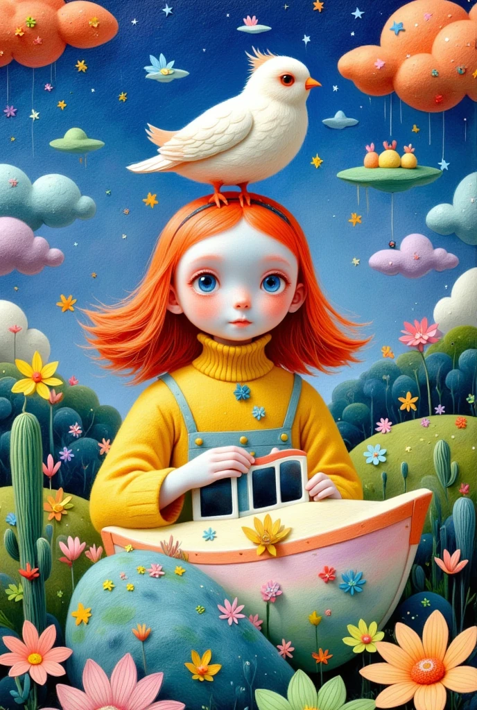 A creative and childish illustration：Colorful black，Lively and interesting，lively，Cute girl with a ship and a bird on her head, Beeple 和 Jeremiah Ketner, Jane Newland, Pop Surrealism, Pop Surrealism art style, Pop-Surrealism, lowbrow Pop Surrealism, Pop Surrealism lowbrow art style, Tara MacPherson, Alien Girl, Just a joke, Paintings by Andrew Jones, japanese Pop Surrealism, Color illustrations