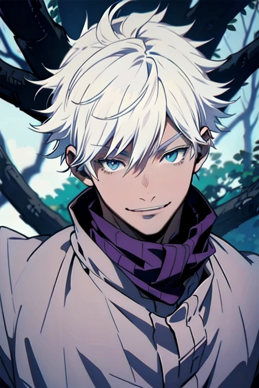 Young man playing the banjo, white eyes, dark hair, black cape, hood, mysterious, smiling, Fangs