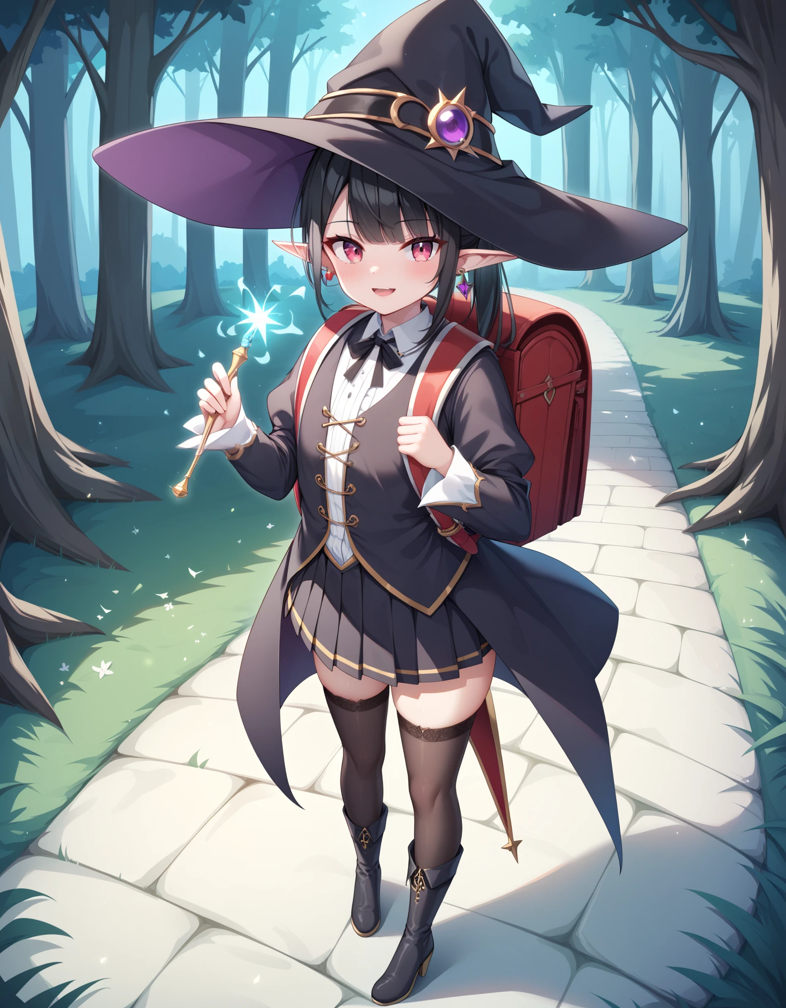 Masterpiece, hd, anime, 2d,  black hair, elf girl, pointed ears, wearing witch hat,  1girl wearing a witch Costume, white puffy collared shirt, black pleated skirt,  neck ribbon, witch robes, bowtie, earrings, jewelry, holding magic wand, outdoor, ponytail, standing, outdoor, wearing randoseru backpack, red backpack, holding witch wands, fullbody, wearing thighhighs, wearing witch boots