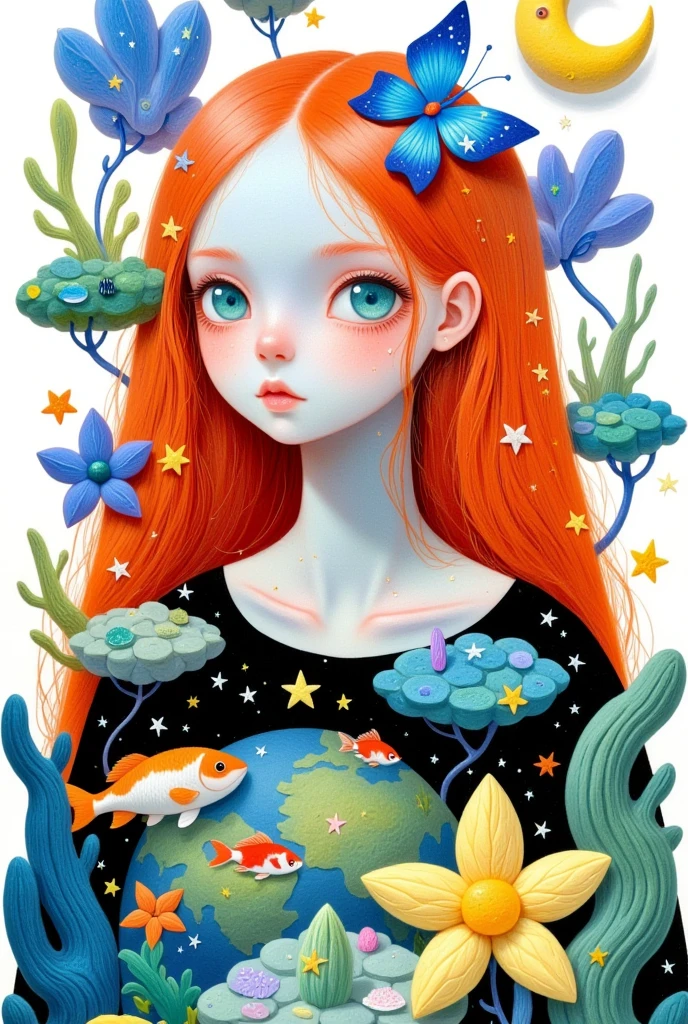 1girl,animal,aqua eyes,artist name,bird,blue butterfly,blue eyes,bug,butterfly,circle,crescent moon,earth \(planet\),fish,goldfish,leaf,long hair,looking at viewer,makeup,moon,orange hair,planet,simple background,solo,star \(symbol\),upper body,white background