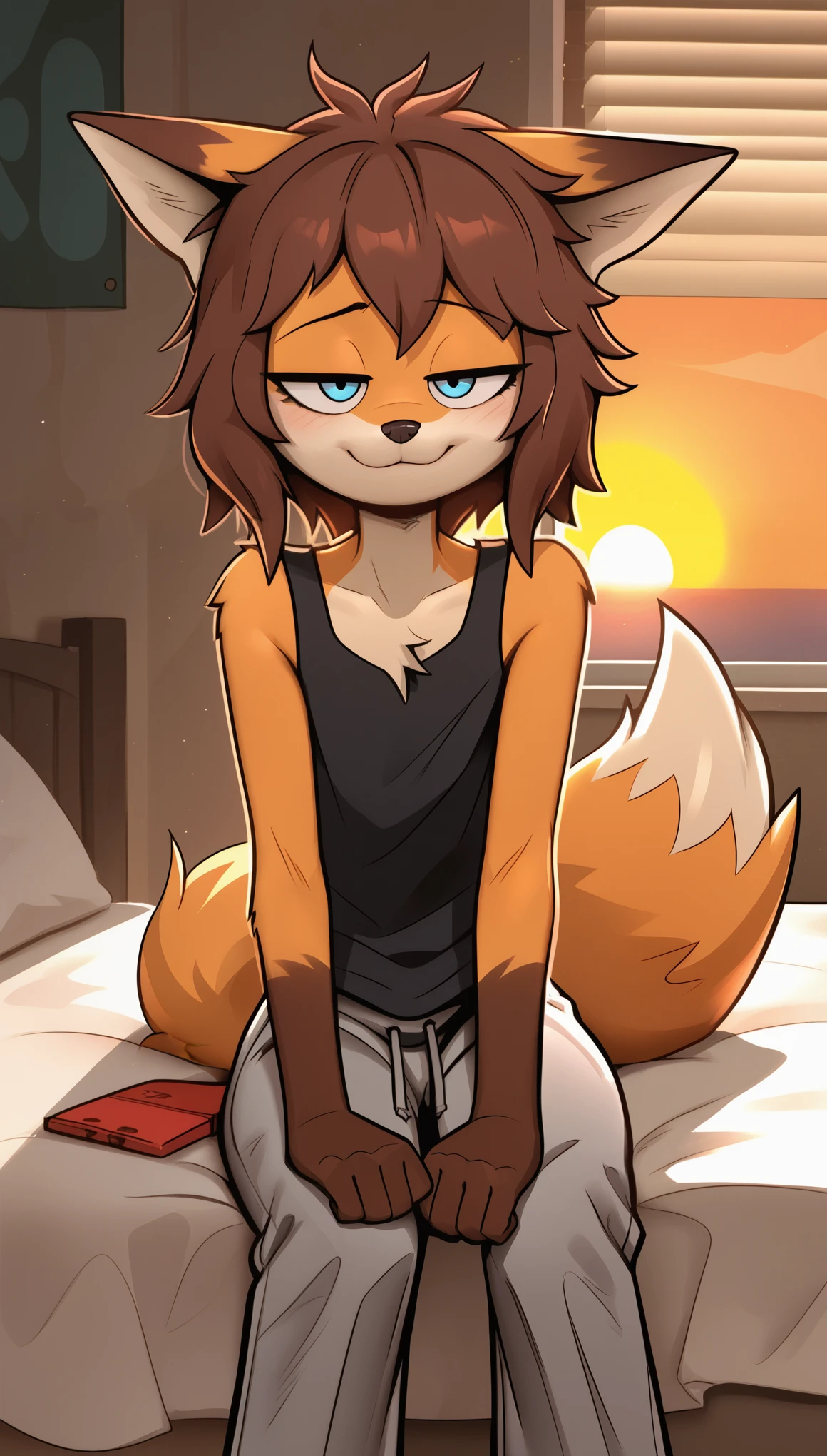 masterpiece, best quality, shy expression, 1boy, anthro, furry, fur, fluffy fur, fox boy, furry, fox ears, animal nose, blue eyes, fox tail, brown hair, medium hair, messy hair, solo, (bedroom), (sunset), detailed, sitting on bed, (black sleeveless shirt), (baggy gray pants), timid, looking at the viewer, teenager (), (jizoku), child, y smug smile, half-closed eyes, oversized pants, oversized clothing, score_9, score_8_up, score_7_up, score_6_up, score_5_up, score_4_up