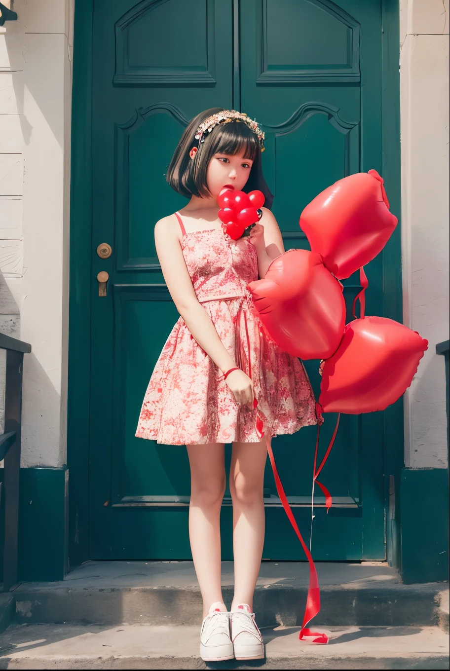 A girl holding rose in her hands with open hairs wearing a red dress in a garden 