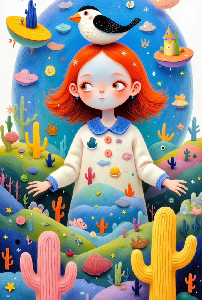 A creative and childish illustration：Colorful black，Lively and interesting，lively，Cute girl with a ship and a bird on her head, Beeple 和 Jeremiah Ketner, Jane Newland, Pop Surrealism, Pop Surrealism art style, Pop-Surrealism, lowbrow Pop Surrealism, Pop Surrealism lowbrow art style, Tara MacPherson, Alien Girl, Just a joke, Paintings by Andrew Jones, japanese Pop Surrealism, Color illustrations