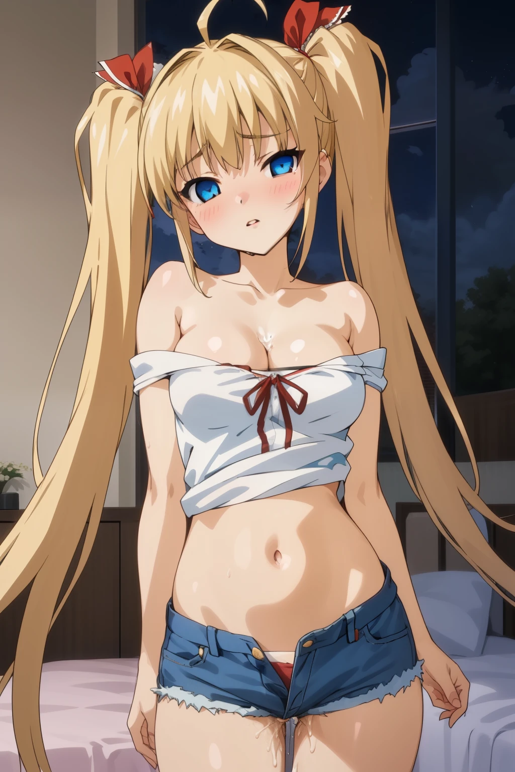 (Masterpiece), Best Quality, ultra-detailed, 1girl (akizukiairi, sex slave, the surrogate womb, wide hips, naked body, ahoge,very long hair,blonde hair, high twintails, hair ribbon, red ribbon,bangs,blue eyes, empty eye), blank face, parted lips, nose blush, blush, facing viewer, looking at viewer, head tilt, solo,  t-shirts, cleavage, bare shoulders, navel, denim short shorts, in the bedroom, dark room, night time, standing, sexy waist teasing, come-on, love juice flows out of her pussy.