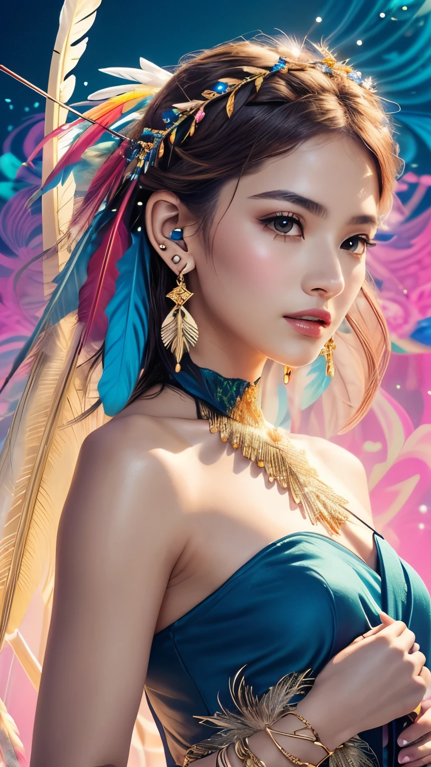 (Fashion Model)、Natural standing posture、bust、Beautiful Face、Beautiful hairstyle、short hair, Small breasts, Exposing shoulders, particle, Light, (masterpiece, Highest quality, Official Art, beautifully、aesthetic: 1.2), Very detailed, (Fractal Art: 1.1), (colorful: 1.1) (Flowers: 1.3), Best details, (Tangled: 1.2), (Dynamic pose), (Abstract background: 1.3) , (Glowing Skin), (Many colors: 1.4), (Earrings: 1.4), (feather: 1.4)