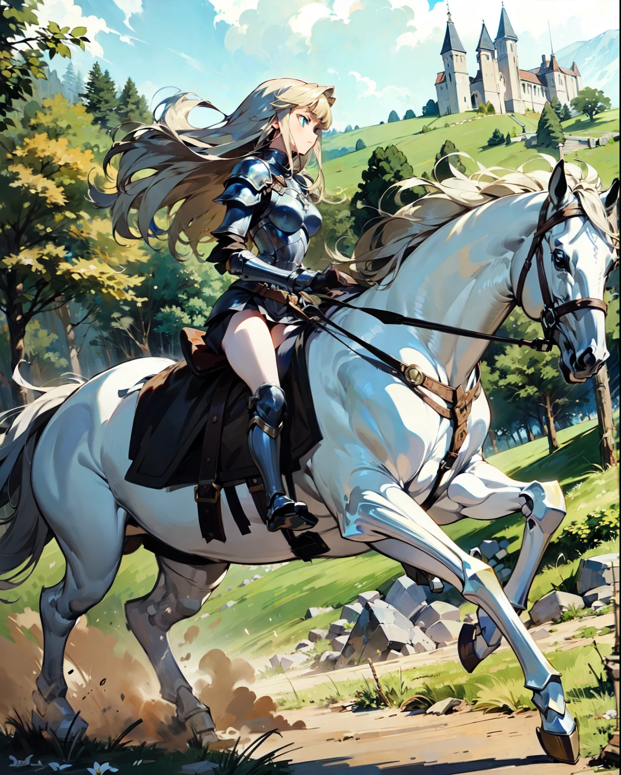 ((best quality)), ((anime masterpiece)), (high detailed), 8k, cinematic lighting, perfect face, a young female knight riding a HORSE, (blue eyes, blunt bangs, long hair, {blonde hair}, medium breast), (white armor, silver pauldron, miniskirt, armored boots), horse, (white horse:1.2, {white mane}, white tail, saddle, reins, bridle, stirrups), from side:1.2, FULL BODY, on the mountainside, solo, medieval fantasy settings, from side: 1.2, anatomically correct,