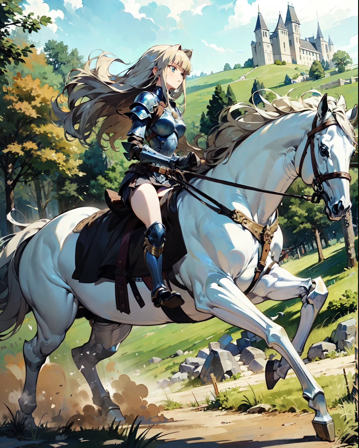 ((best quality)), ((anime masterpiece)), (high detailed), 8k, cinematic lighting, perfect face, a young female knight riding a HORSE, (blue eyes, blunt bangs, long hair, {blonde hair}, medium breast), (white armor, silver pauldron, miniskirt, armored boots), horse, (white horse:1.2, {white mane}, white tail, saddle, reins, bridle, stirrups), from side:1.2, FULL BODY, on the mountainside, solo, medieval fantasy settings, from side: 1.2, anatomically correct,